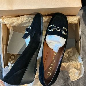 NIB - Unisa Black Suede Women's Loafers with decorative metal, size 6.5